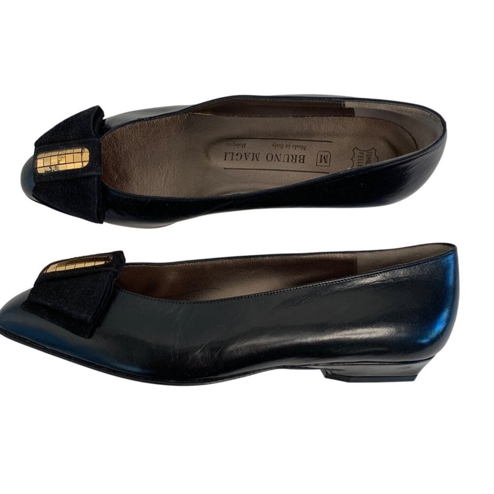 VTG Bruno Magli Black Leather Flats Bow Made In Italy Size 5 8949 GUC